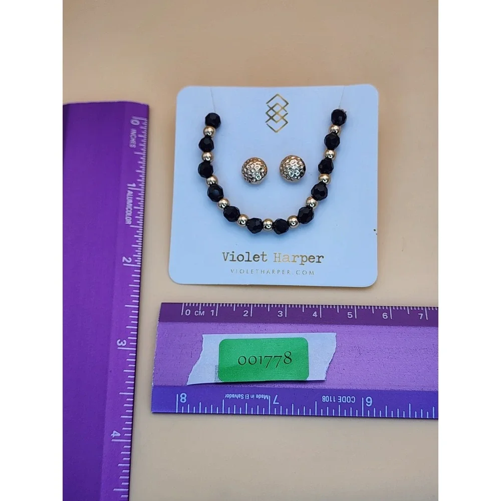 New VIOLET HARPER Signed Black & Gold Textured Necklace & Earrings Set FREE $HIP